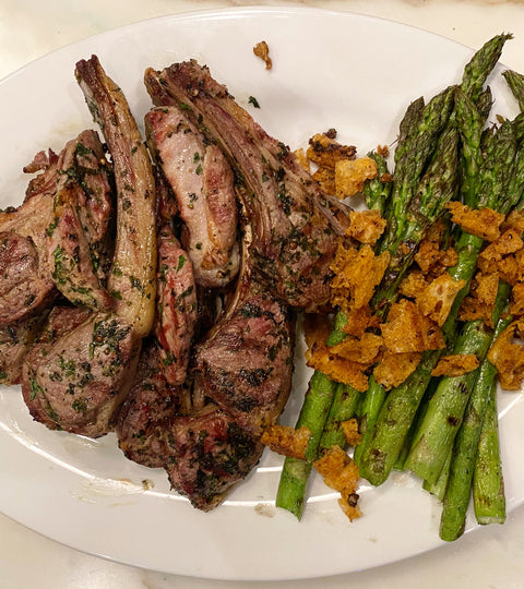 Herbaceous Grilled Lamb Chops and Grilled Asparagus with Smoky-Spicy-Brown-Buttered Bread Crumbs